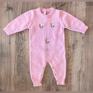 Baby Girl Pink Knit Romper 6–12 Months Embroidered Floral Button Inseam